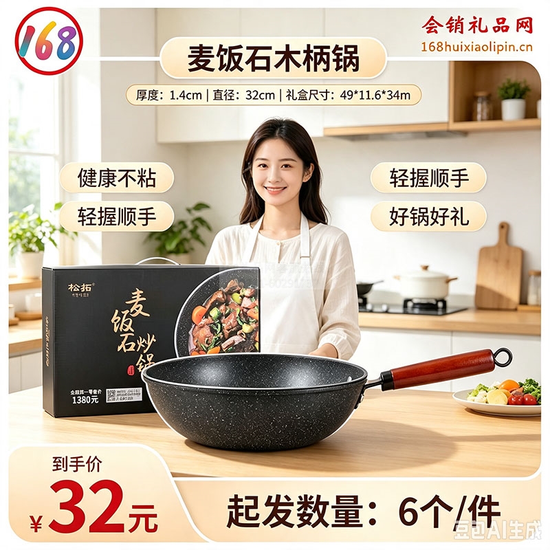 麦饭石木柄锅