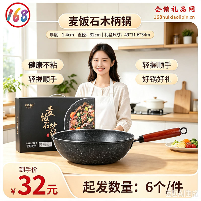 麦饭石木柄锅
